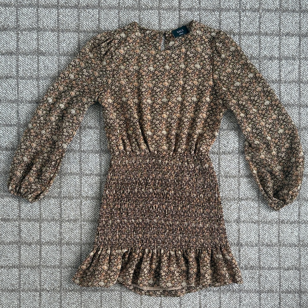 VICI Brown Tan & Orange Floral long sleeve mini dress Size S
